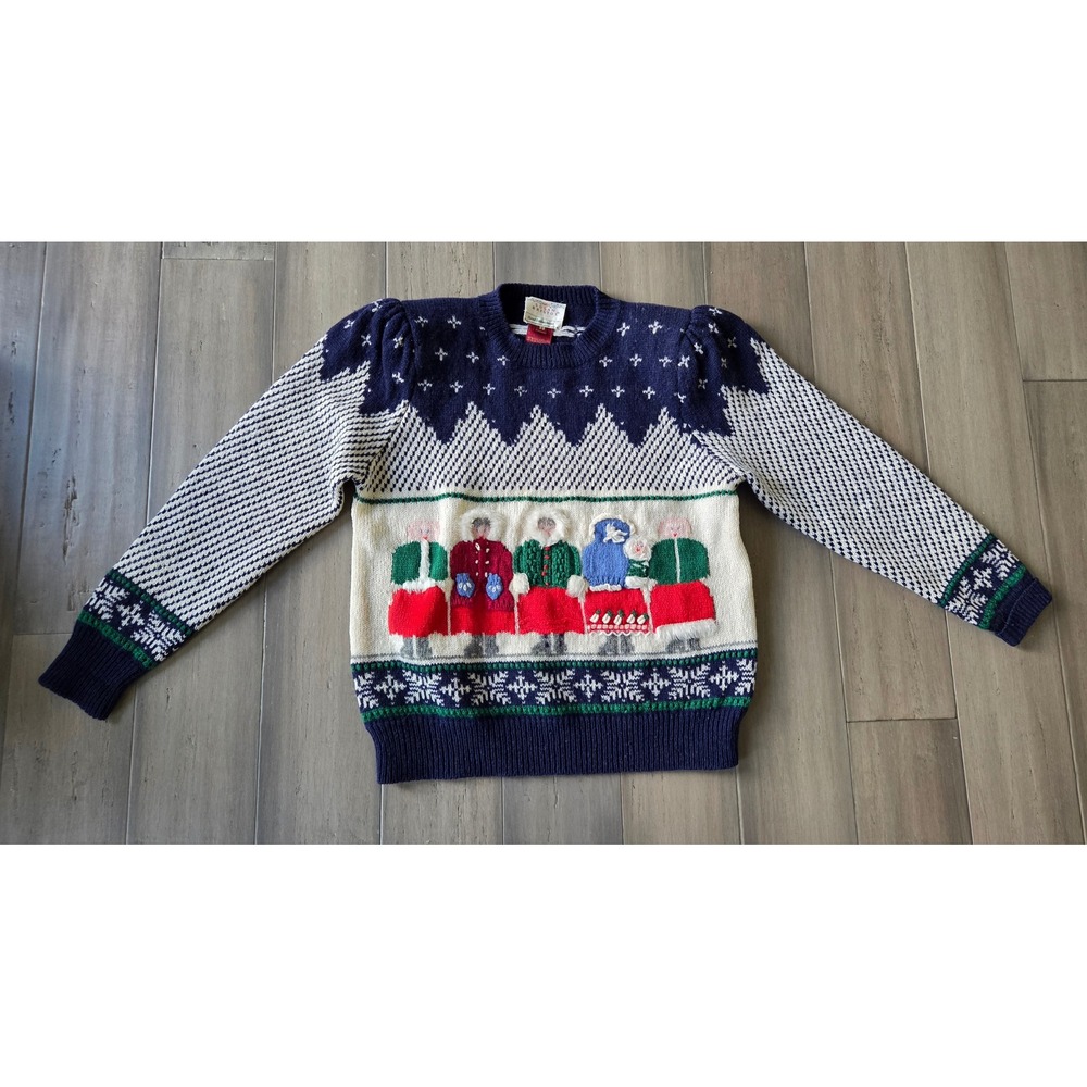 Vintage 1989 Susan Bristol Hand Embroidered Wool Sweater Navy Blue Folk Art 38
